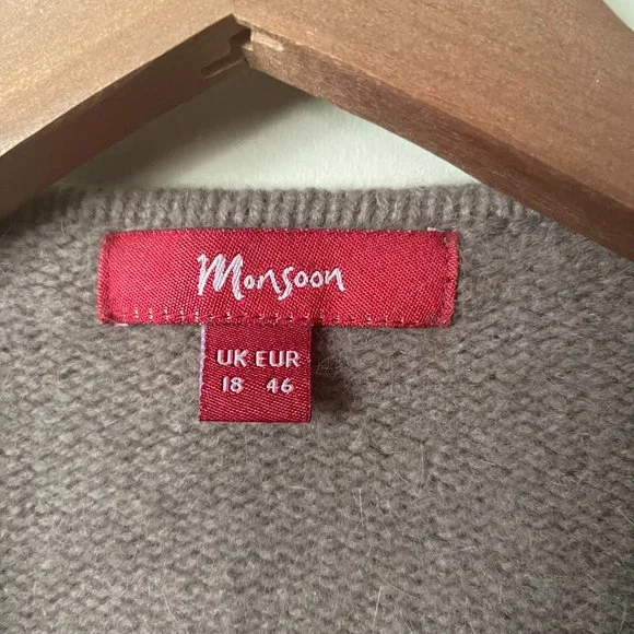 Monsoon Womens Brown Lambs Wool Angora Fringe Boxy Wrap Sweater Cardigan - Picture 3 of 3